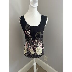 Liz Baker Tank Top Shell Size 14 Crinkled Floral Stretch Sleeveless Scoop Neck